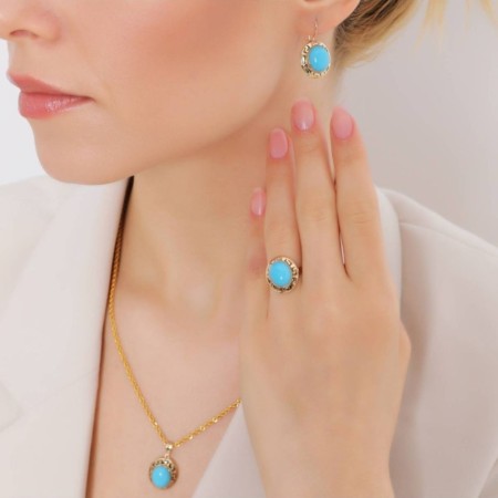 Grek Desenli Firuze Taşlı 14 Ayar Altın Takım 